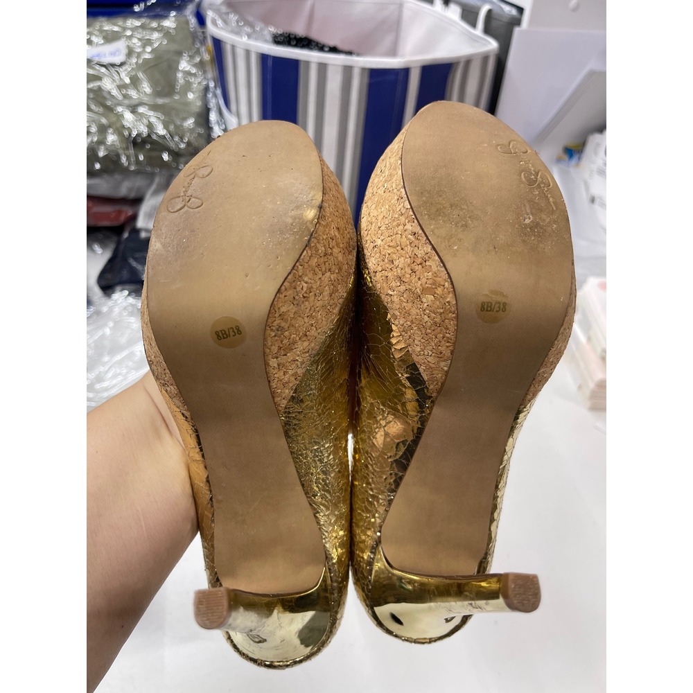 Jessica Simpson Gold Metallic Cracked Platform Pumps Cork Heels Womens 8B 38 - Picture 6 of 6